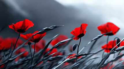 Obraz premium Vibrant Red Poppies Swaying in the Wind, a Field of Beauty Under a Gray Sky, Nature's Elegance