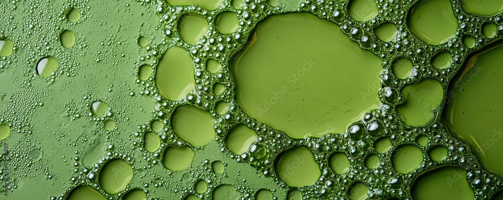 Poster oil spill prevention concept. green bubbles on a textured surface create an abstract visual effect.