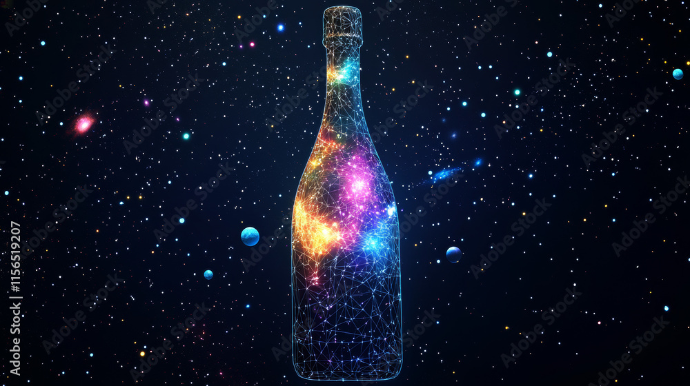 Poster abstract image of a bottle of champagne low poly in the form of a starry sky or space, consisting of