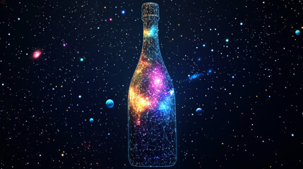 Abstract image of a bottle of champagne low poly in the form of a starry sky or space, consisting of points, lines, and shapes in the form of planets, stars and the universe. Vector wireframe concept.