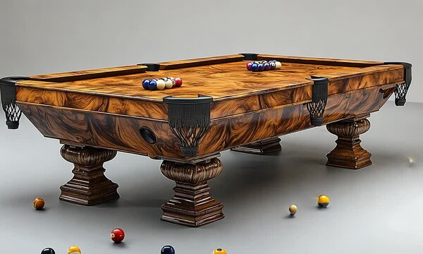 A beautifully crafted wooden billiard table with colored balls arranged for play.