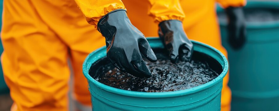 oil spill prevention concept. Worker handling liquid in a teal bucket while wearing protective gear.