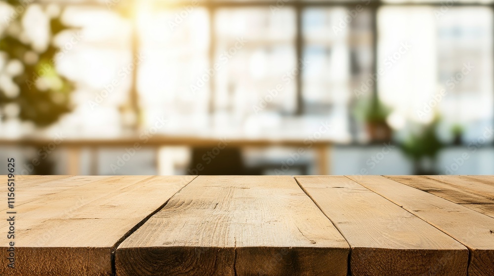 Poster bright and airy workspace with wooden table surface ideal for displaying products, create inspiring 