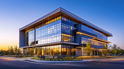 Obraz premium Modern Commercial Building with Glass Facade in Urban Landscape