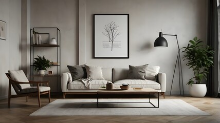 3D-rendered living room interior with an empty vertical A3 frame on the wall, surrounded by a neutral-toned sofa, a coffee table, and decorative accents,Generative Ai
