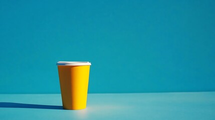 Vibrant Yellow Coffee Cup Mockup Photo: Minimalist Product Shot Against Teal Background. AI Generated