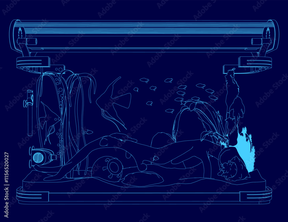 Wall mural Blue drawing fish tank. Vector illustration