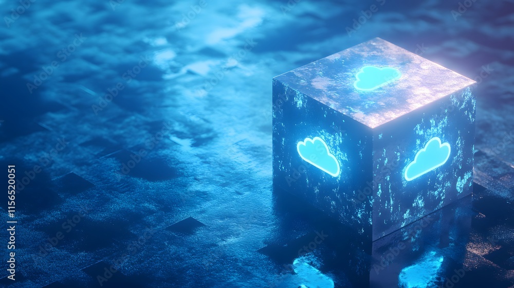Poster a blue cube displays cloud computing icons