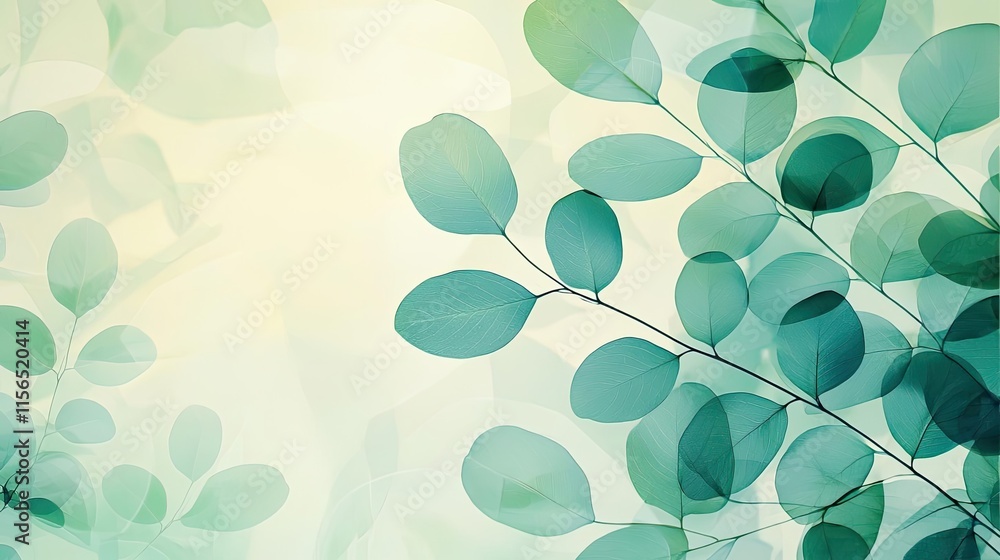 Poster foliage abstract background idea. a serene and calming background featuring green leaves and soft li