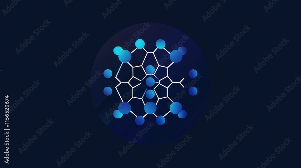 Poster abstract representation of a molecular structure with interconnected atoms in blue tones.