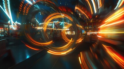 Abstract Nighttime Amusement Park Light Trails