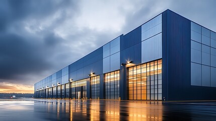 Outdoor view of a large factory or office building in rainy and cloudy weather with large windows and walls under cloudy sky
