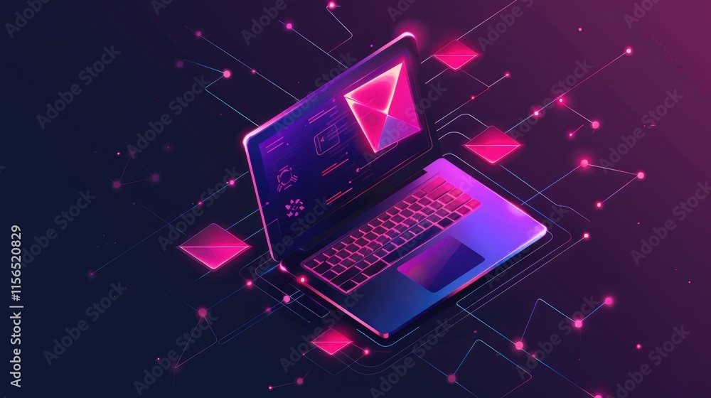 Aufkleber a digital laptop displaying abstract data and technology elements in a vibrant, futuristic style.
