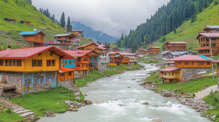 Obraz premium Charming Mountain Village by the River: A Scenic Escape into Nature's Beauty