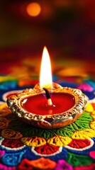 Illuminated Diya Lamp on Colorful Rangoli Design