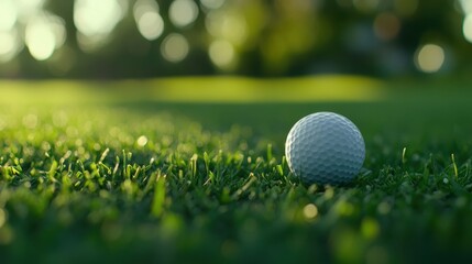 Obraz premium Golf clubs and balls on lush green grass in morning,playing golf,sport outdoor,golfing club for winning stroke or score,game joyful and happy concept.