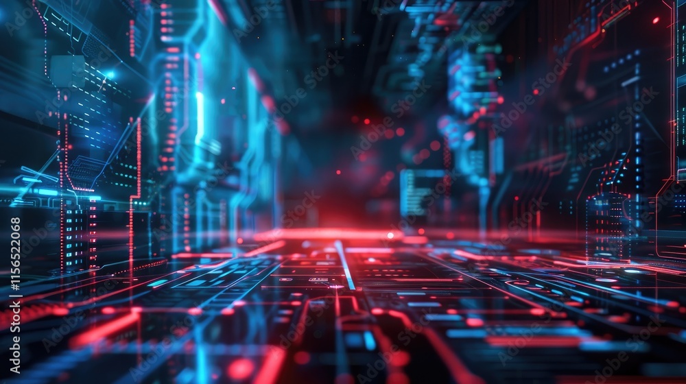 Poster futuristic digital landscape with glowing circuits and data streams.