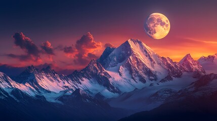 Majestic Snowcapped Mountains Underneath a Full Moon Sunset