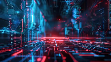 Obraz premium Futuristic digital landscape with glowing circuits and data streams.
