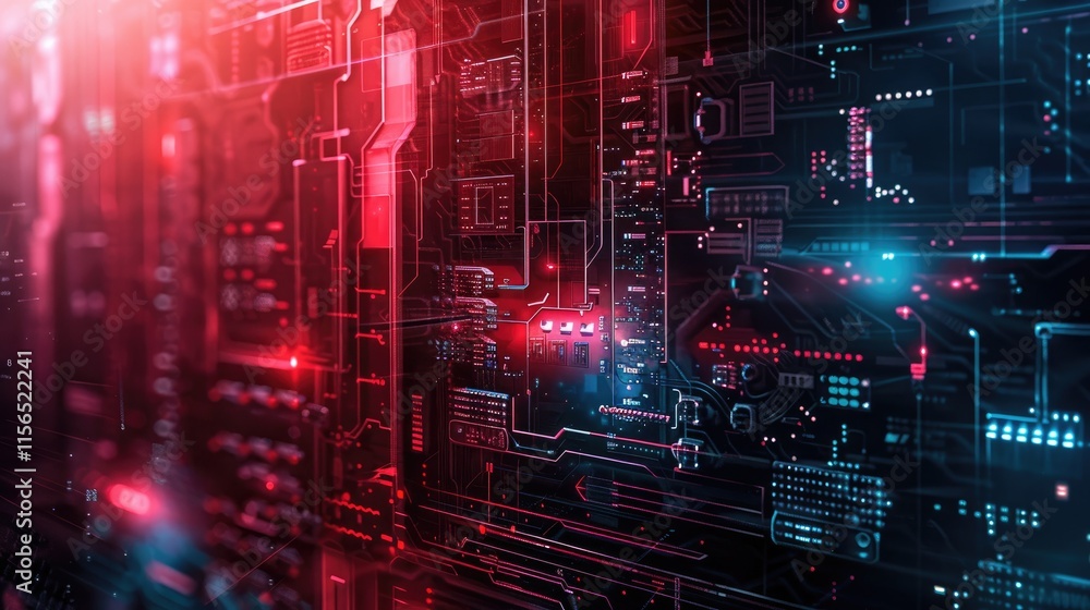 Poster abstract digital circuit design with glowing elements in red and blue hues.
