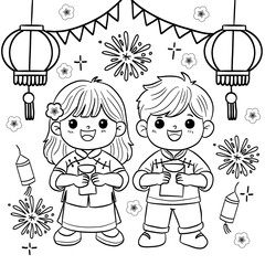 Coloring book of a cheerful boy and girl celebrating chinese new year snake year