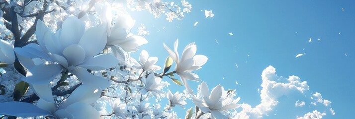 White magnolia flowers blooming in the sun with petals blowing in the wind