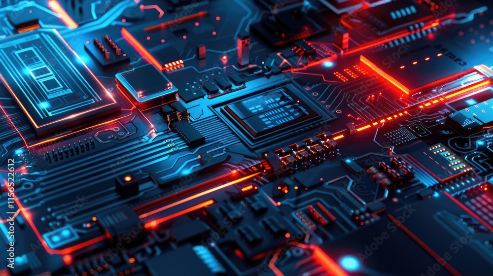 Aufkleber a close-up view of a vibrant circuit board with glowing elements and intricate designs.