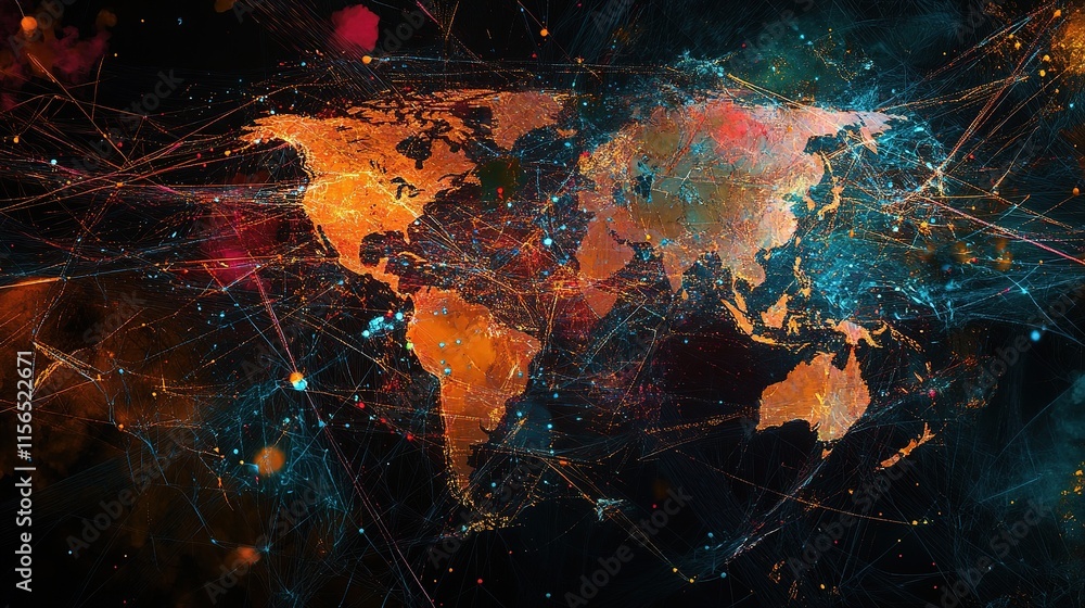 Poster global network connection illustration with digital elements and colors