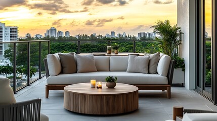 Chairs and tables on the balcony with background of city, cozy and calm environment of the house, evening time view