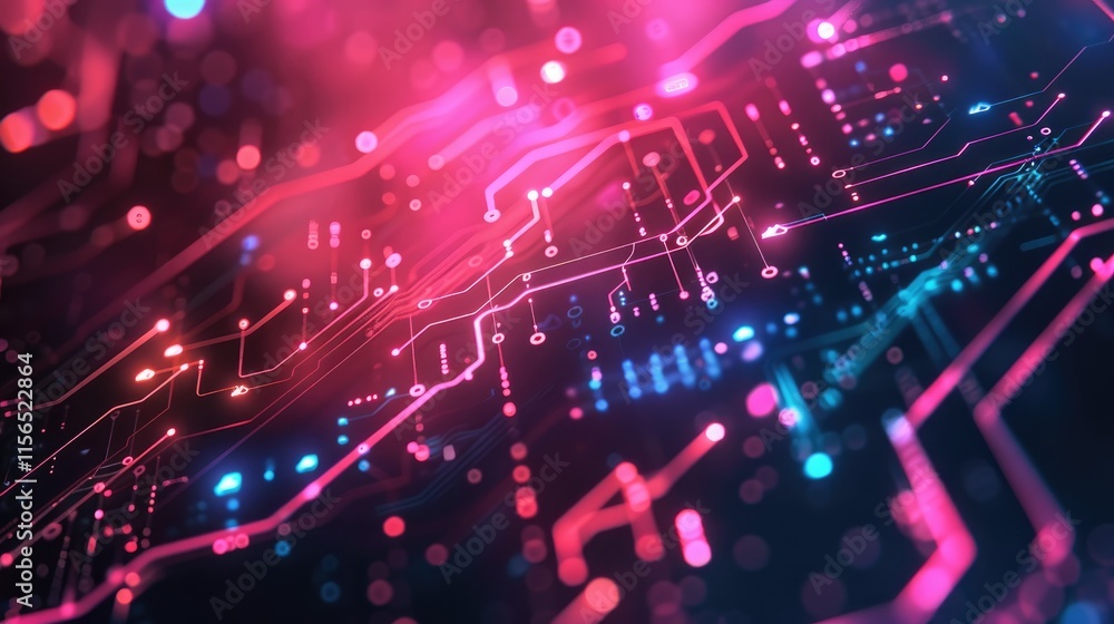 Poster abstract digital circuit design with vibrant colors and glowing elements.