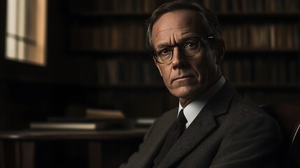 Fototapeta premium Close-up Photo: Pensive Professor Intensely Gazing Amidst Antique Bookshelves. AI Generated