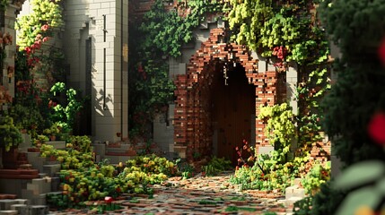 Naklejka premium Overgrown Ruins: A Digital Exploration of Nature Reclaiming Architecture