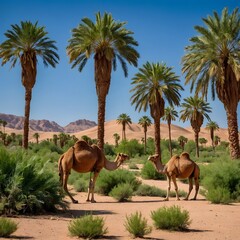 Desert Retreat: Date Palms and Camels Beside a Refreshing Spring