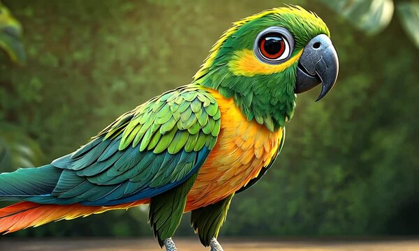 A colorful, animated parrot with vibrant feathers and large eyes in a lush environment.