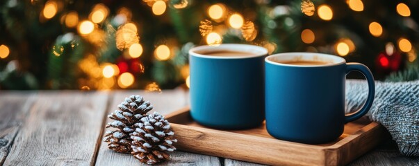 Two blue mugs with coffee on a wooden tray, surrounded by pinecones, set against a festive backdrop of glowing Christmas lights.
