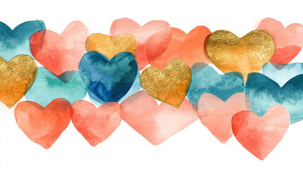 Fototapeta premium Artistic watercolor hearts in vibrant colors and gold accents