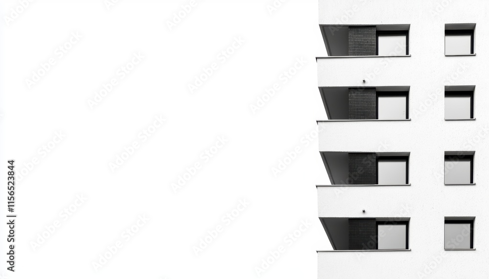 Poster a minimalist architectural image showcasing a white building facade with several windows and balconi