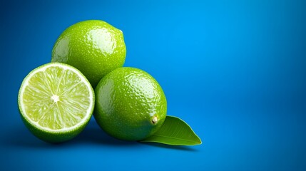 Fresh Limes and Leaf on Blue Background