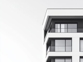 A minimalistic view of a modern building corner featuring sleek lines, large windows, and a clean white facade against a light sky.