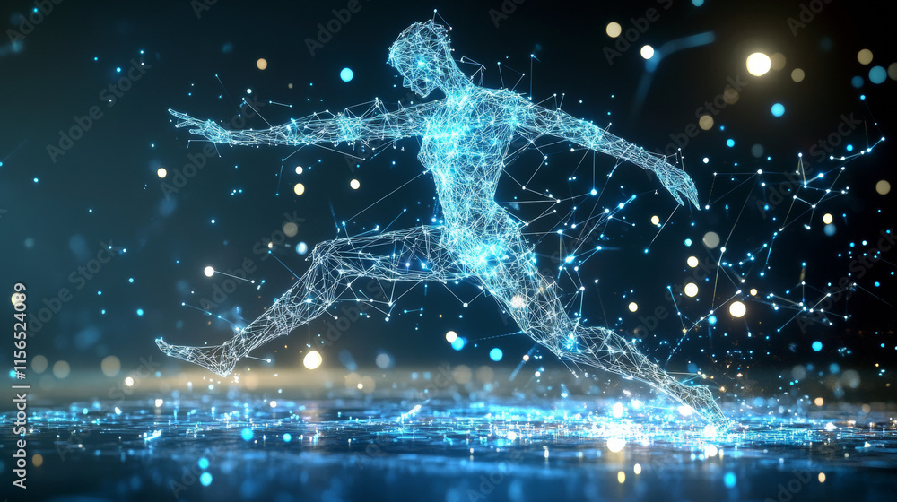 Poster hologram dance. dancer from polygons, triangles points and lines. dance lowpoly connection structure
