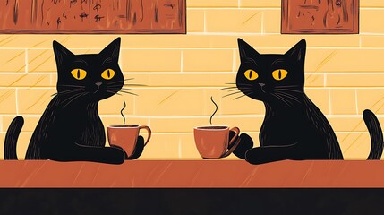 Charmingly Illustrated Black Cats Enjoying Coffee Together in a Cozy Cafe. AI Generated
