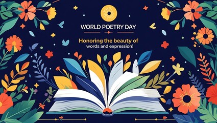 Open Book Surrounded by Vibrant Flowers Celebrating World Poetry Day