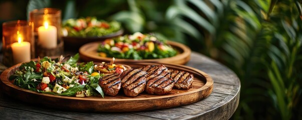 Rustic feast concept. Delicious grilled steak served with fresh salad in a serene outdoor setting.