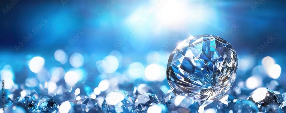 Poster a sparkling diamond in a sea of smaller gems, illuminated by soft blue light, creating a mesmerizing