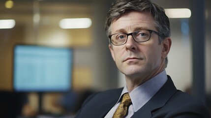 Naklejka premium Close-up Photo: Confident Businessman Pensively Gazing in Modern Office. AI Generated