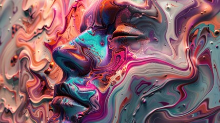 Abstract representation of a face with vibrant colors and fluid patterns.
