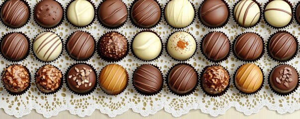 A Delectable Array of Artisan Chocolate Truffles Displayed Elegantly on a Lace Doily, Featuring Various Flavors and Textures to Tempt Chocolate Lovers