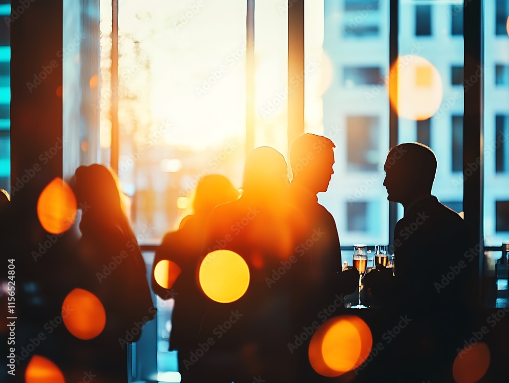 Poster office view full of people and co-workers with background of sun and bokeh lights through the window