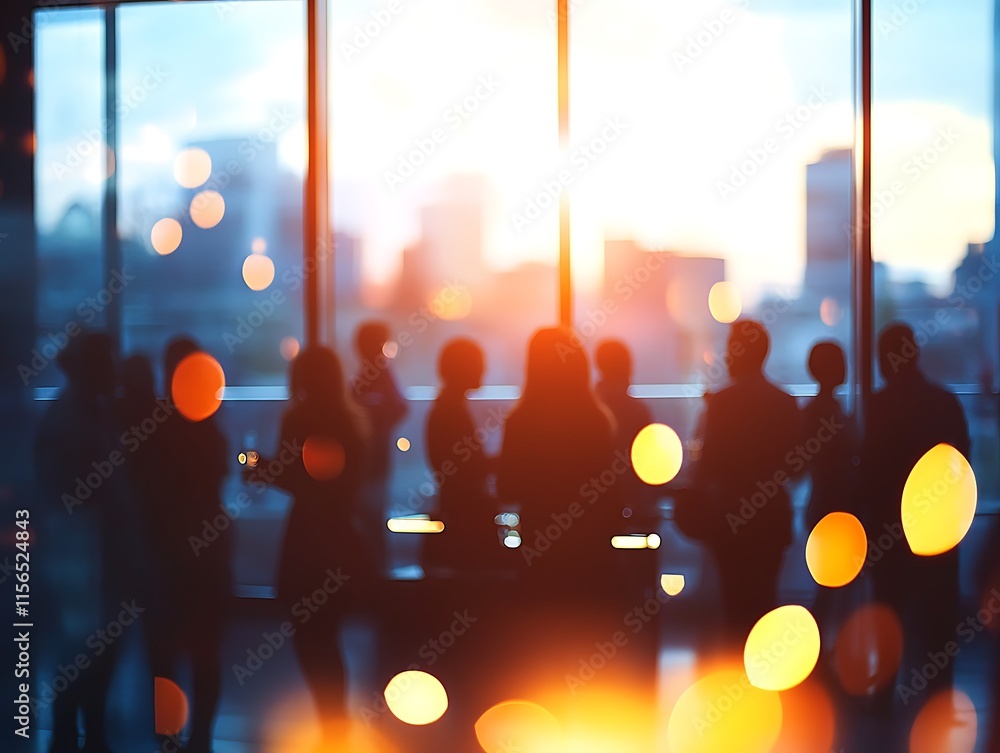 Poster office view full of people and co-workers with background of sun and bokeh lights through the window
