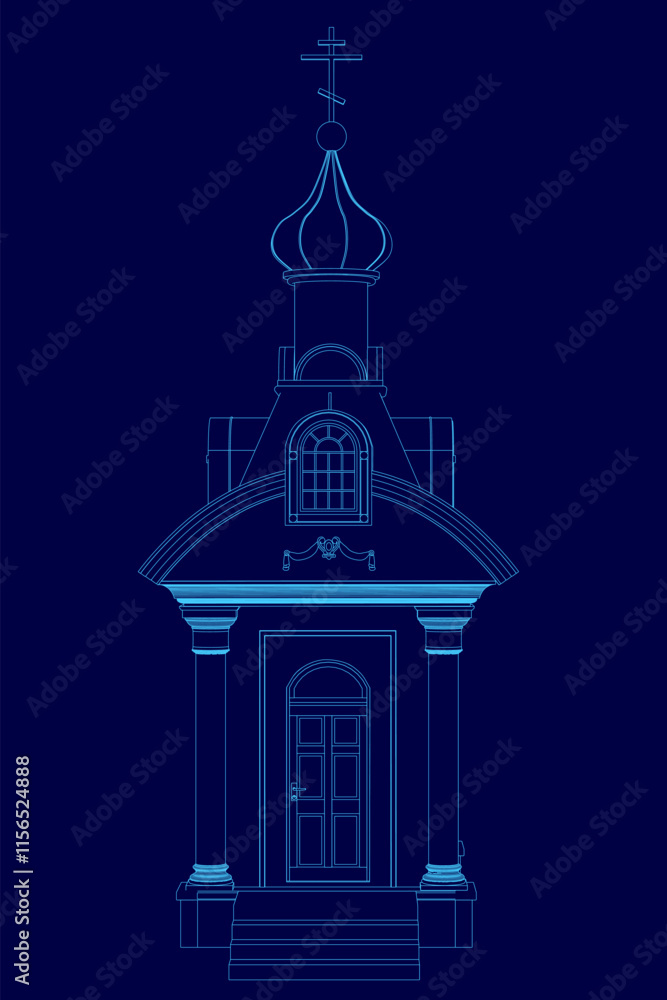 Poster blue drawing of a building with a pointed roof and a cross on top. the building has a window and a d